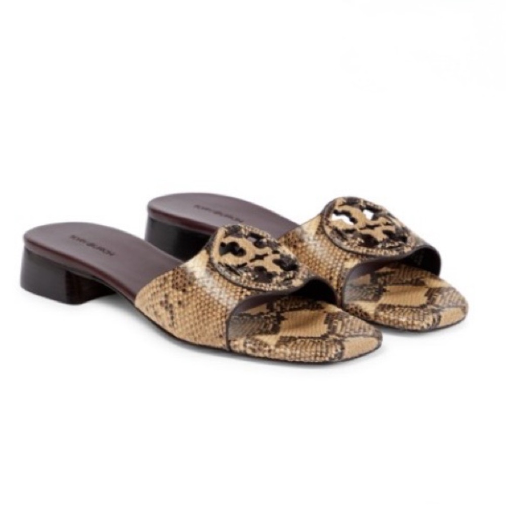TORY BURCH BOMBÉ MILLER SNAKE-EMBOSSED LEATHER SLIDE SANDALS IN DESERT DUSK
